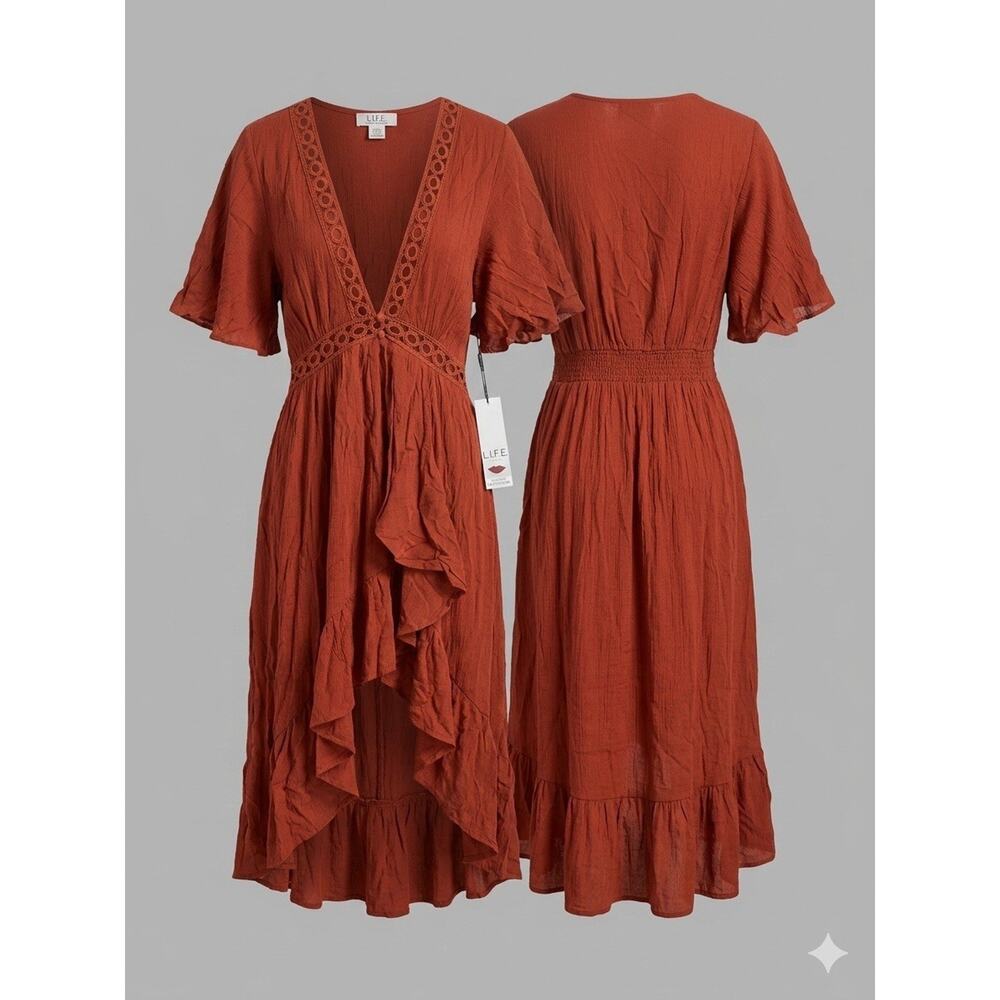 L.I.F.E. Rust Crochet V-Neck High Low Dress Size Medium NWT